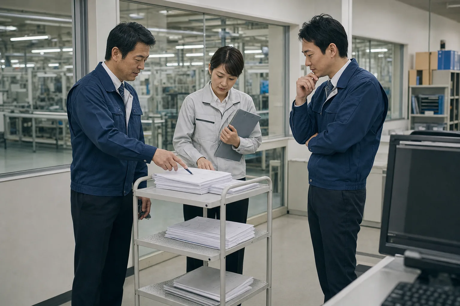 製造現場の担当者と管理職が工程間の受け渡しや動線を見直す場面