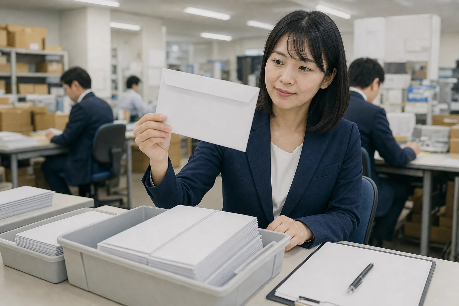 処理済みの郵送物の束からサンプルを1通取り出し、誤りの有無を確かめる担当者