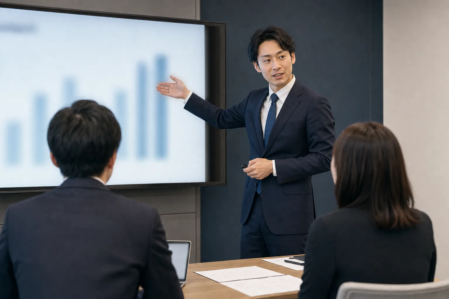 月次の報告会で、大型ディスプレイの前に立って改善の結果を説明する担当者