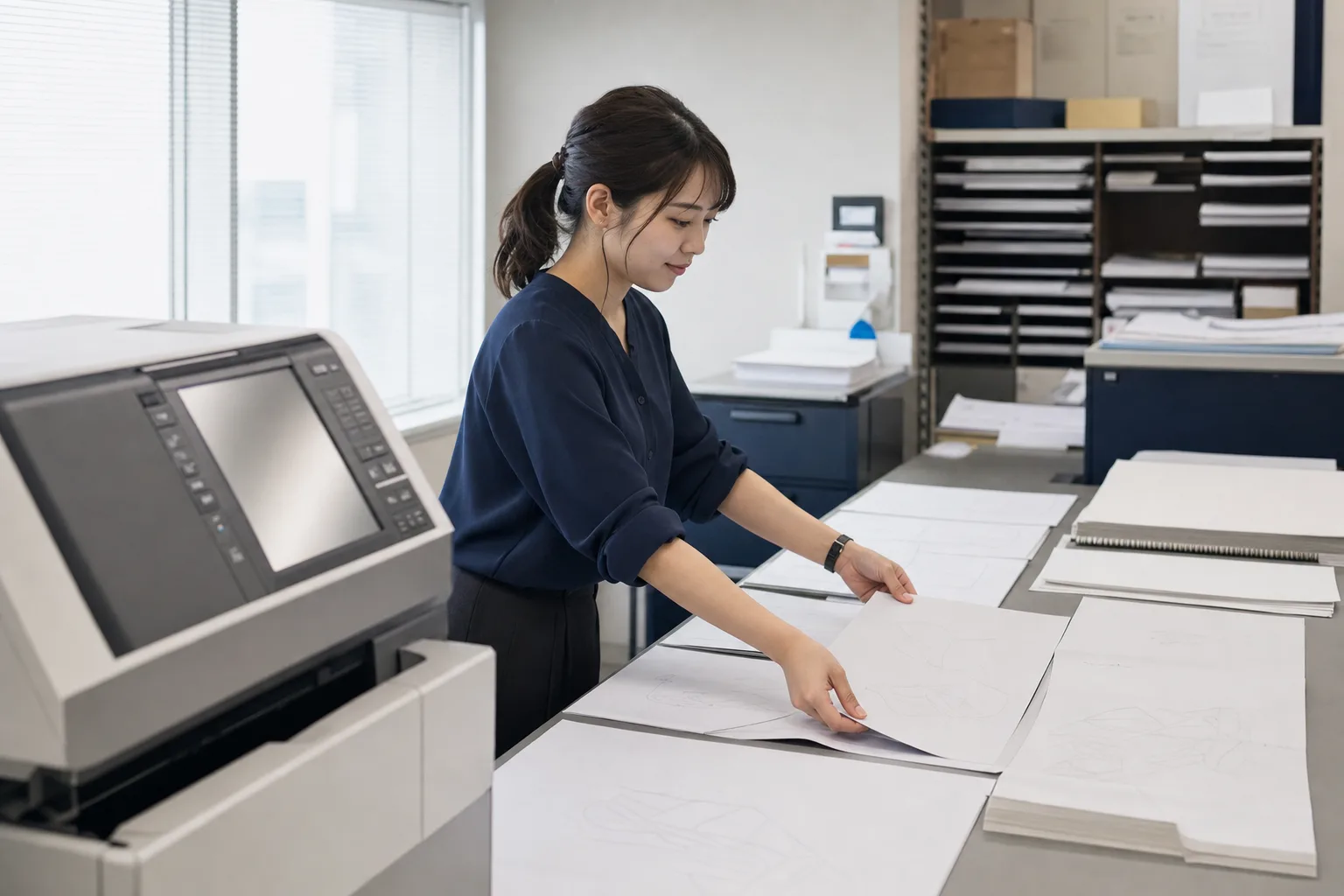 各部署から集まった資料を印刷室で同じ書式に並べて照合する担当者