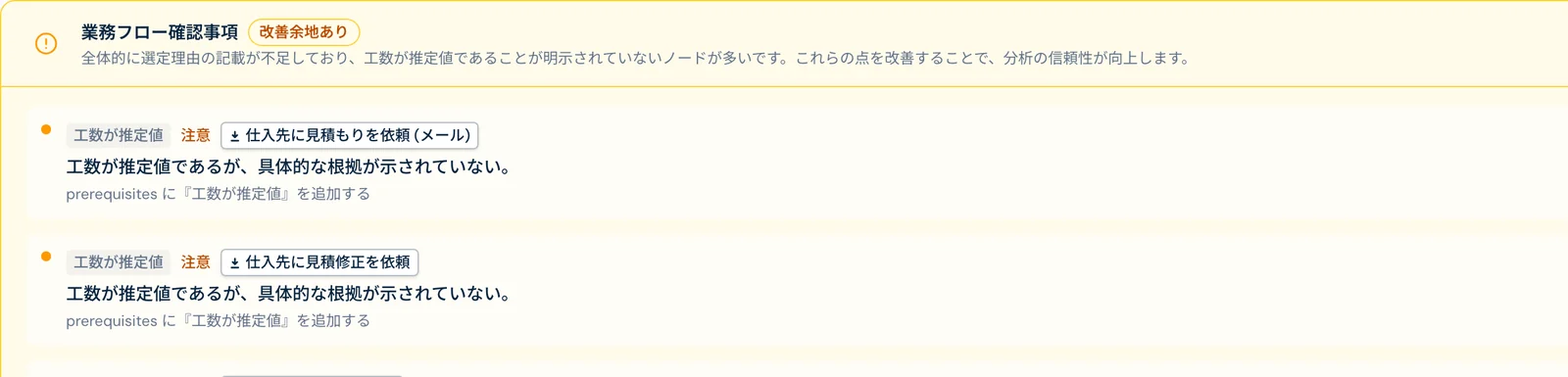 ProcessAI の業務フロー確認事項。工数が推定値のままの工程など、確認が必要な点を工程ごとに一覧にする画面
