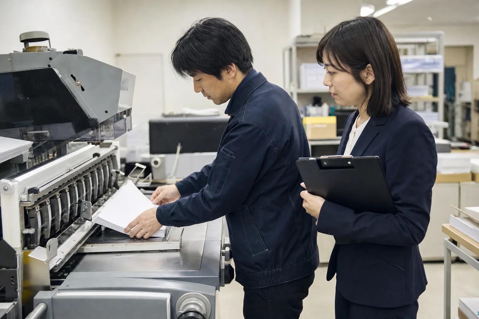 社内の印刷・製本室で、機械の処理と手作業の時間を観察する調査担当者