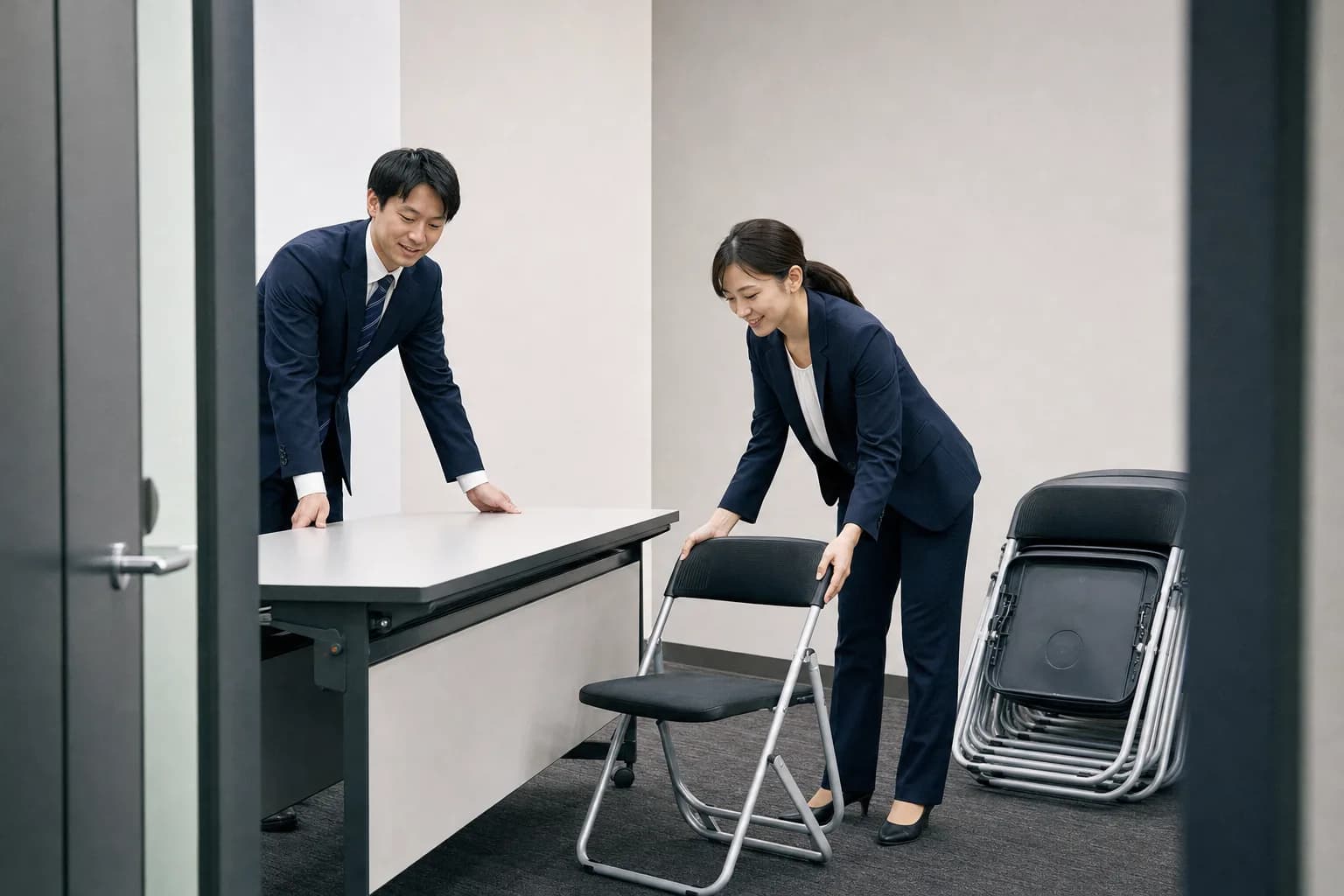 会議室の机と椅子を組み替える担当者を入口から見た場面
